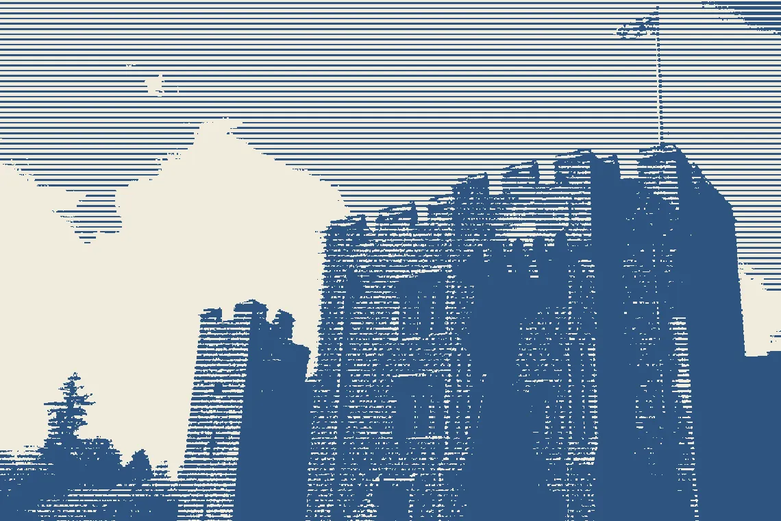 Hever Castle rendered as an indigo line engraving
